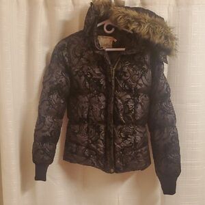 Daytrip Black and Grayish Brown Bomber Jacket puffer Faux Fur Hood Womens Size S